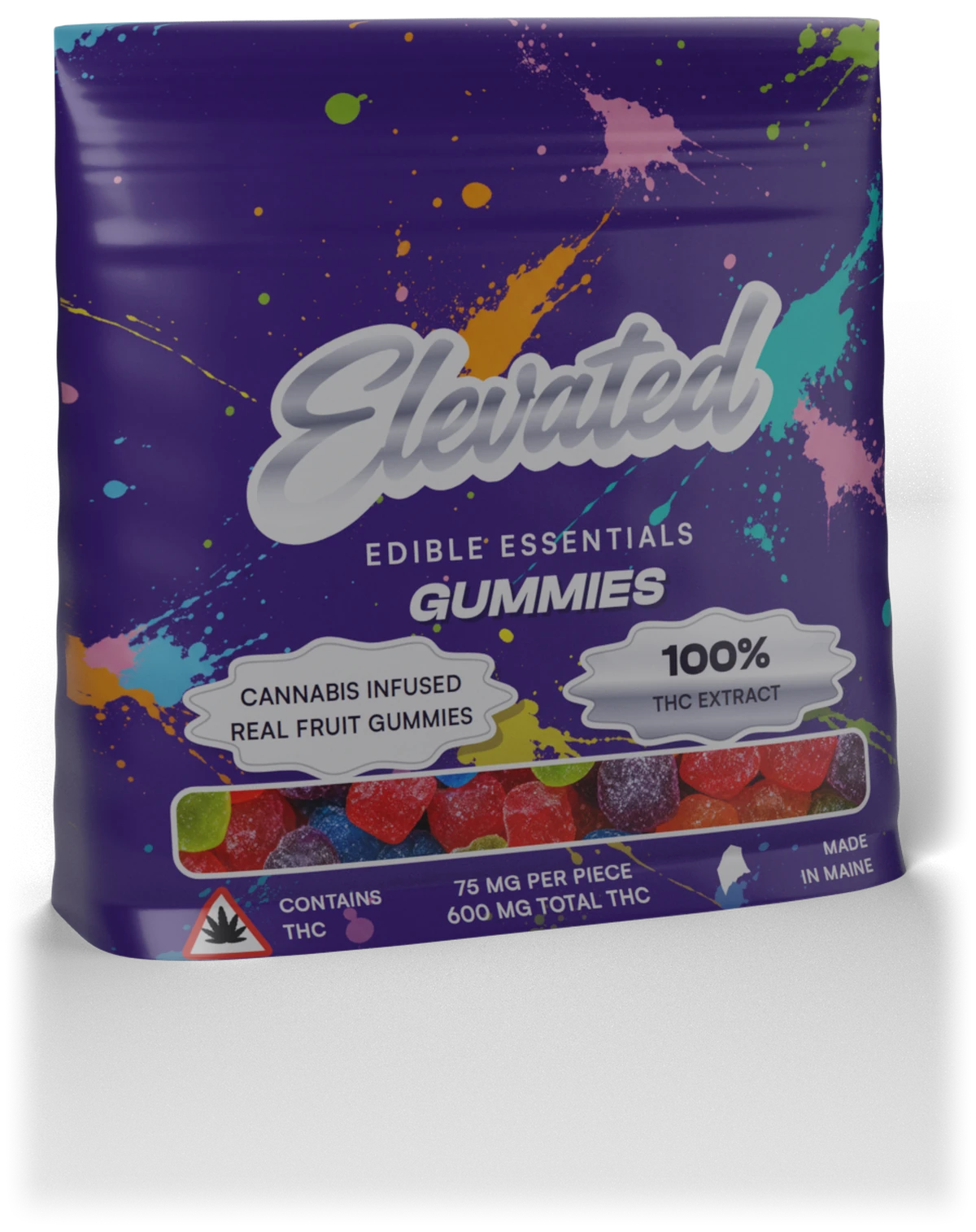Elevated Edible Essentials Gummies stand-up pouch — cannabis infused real fruit gummies, 75 mg per piece, 600 mg total THC